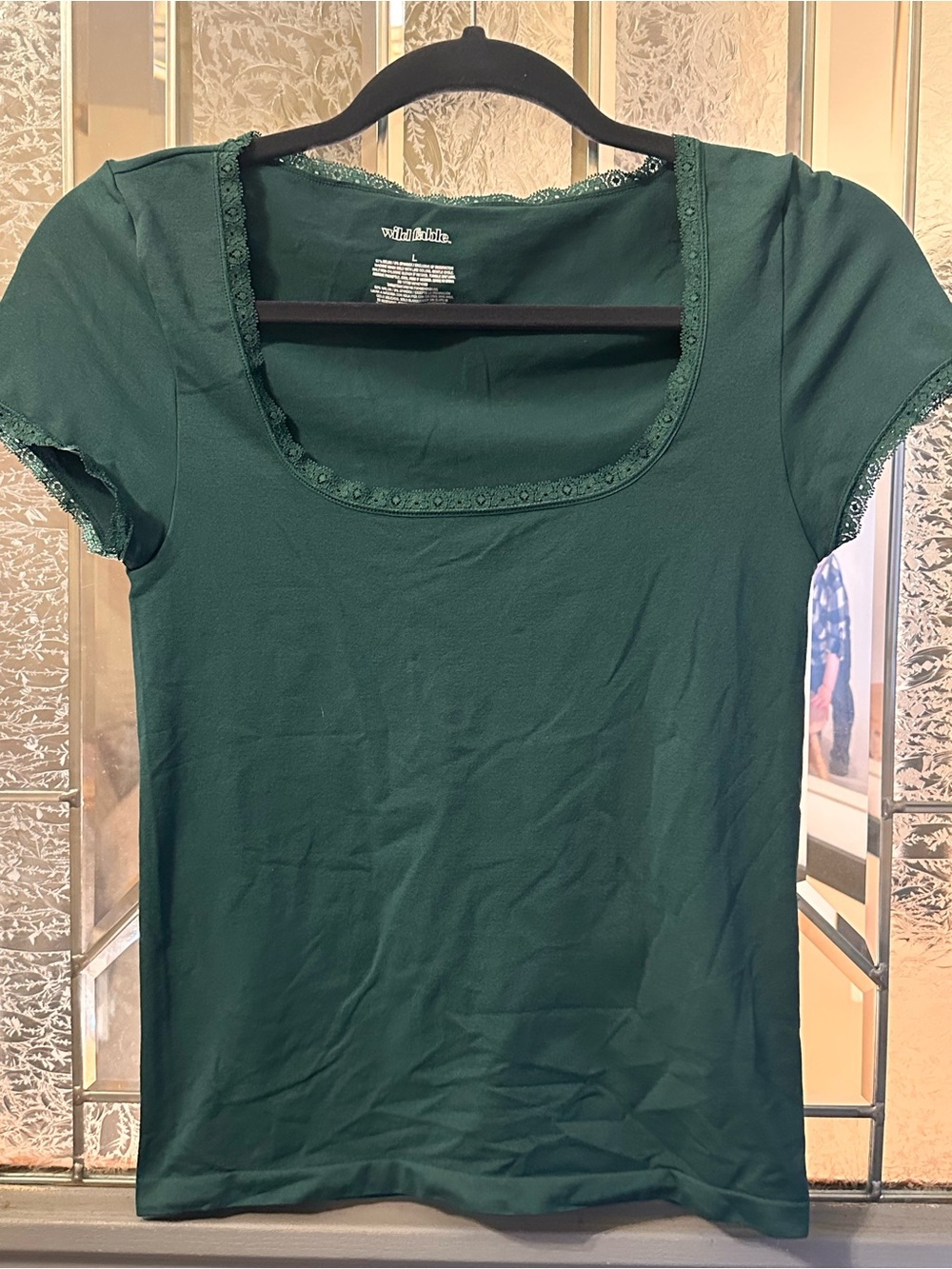 wild fable Dark Green Scoop Neck Tee with Lace Trim